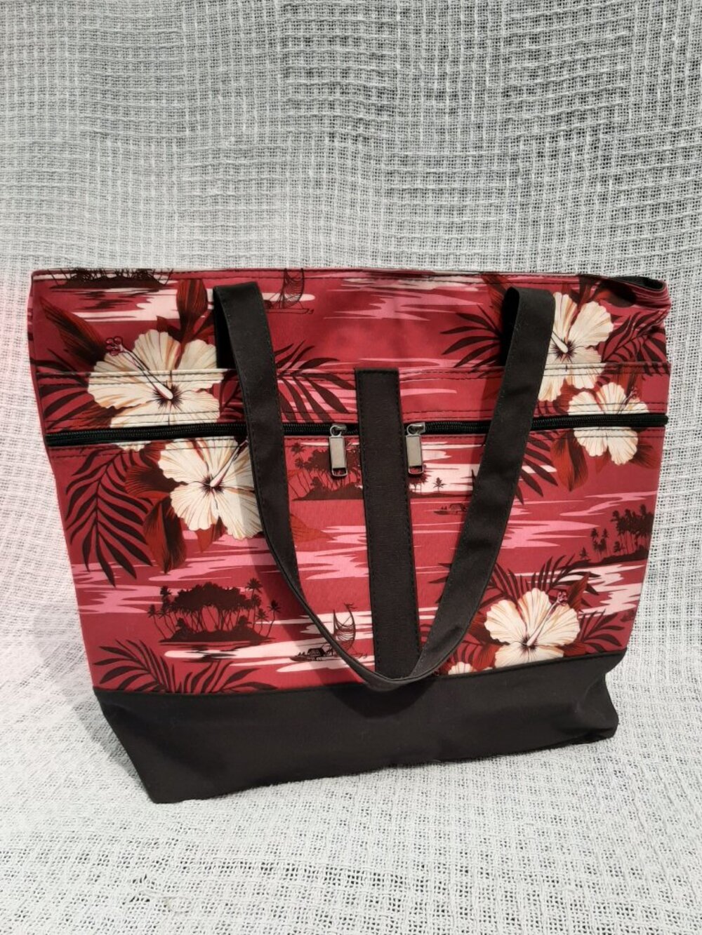 Hawaiian Island Accent Canvas Beach Bag Tote Red Pink White Hibiscus 18"x14"